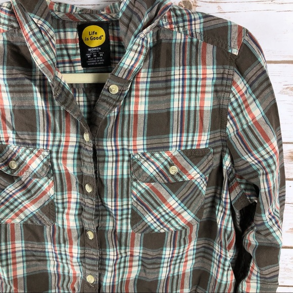 Life Is Good brown plaid hi low button up hood top - Picture 3 of 8